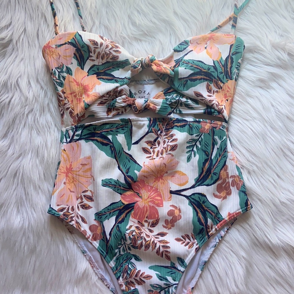 ROXY split one piece bathing suit tropical high waist floral boho